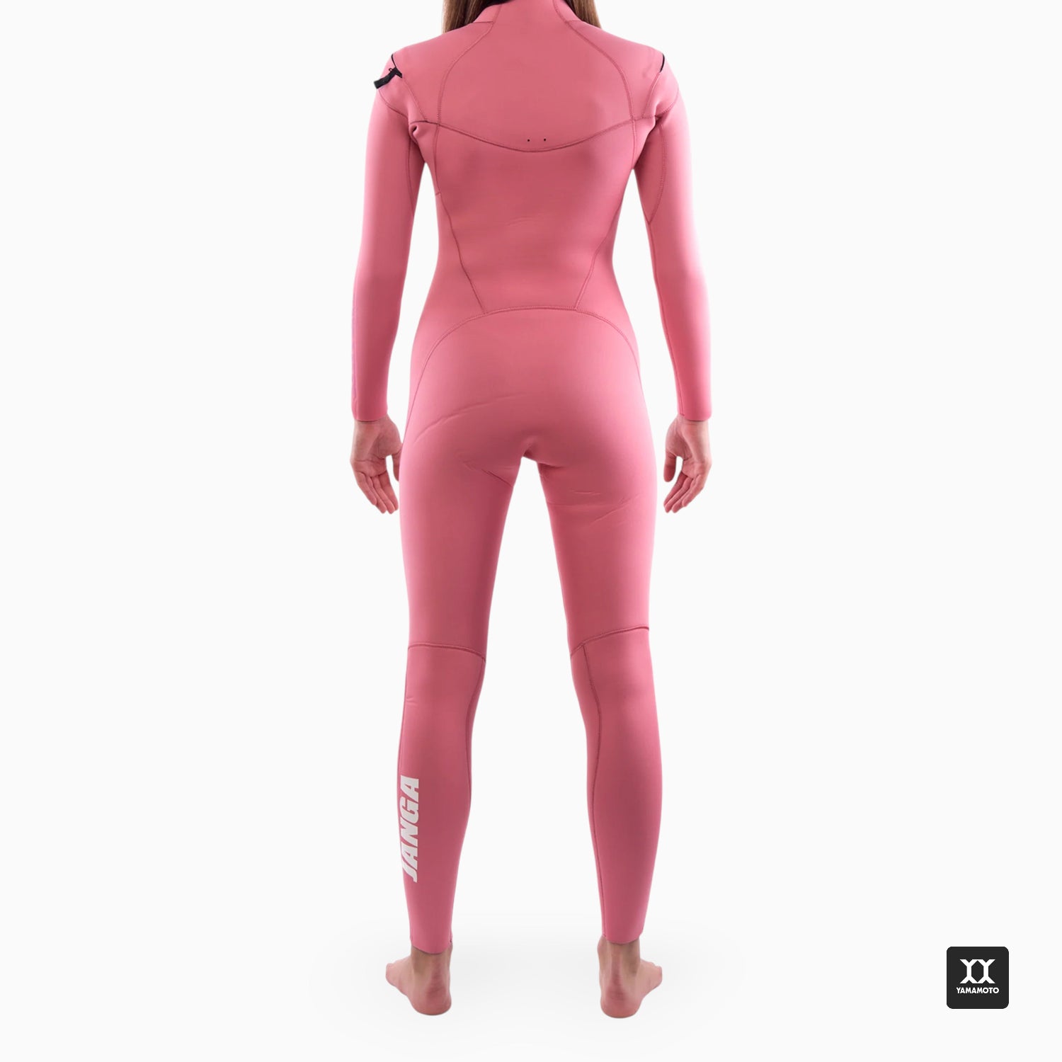 Surfer wearing JANGA PRO wetsuit suit 4/3 mm pink - yamamoto neoprene - back