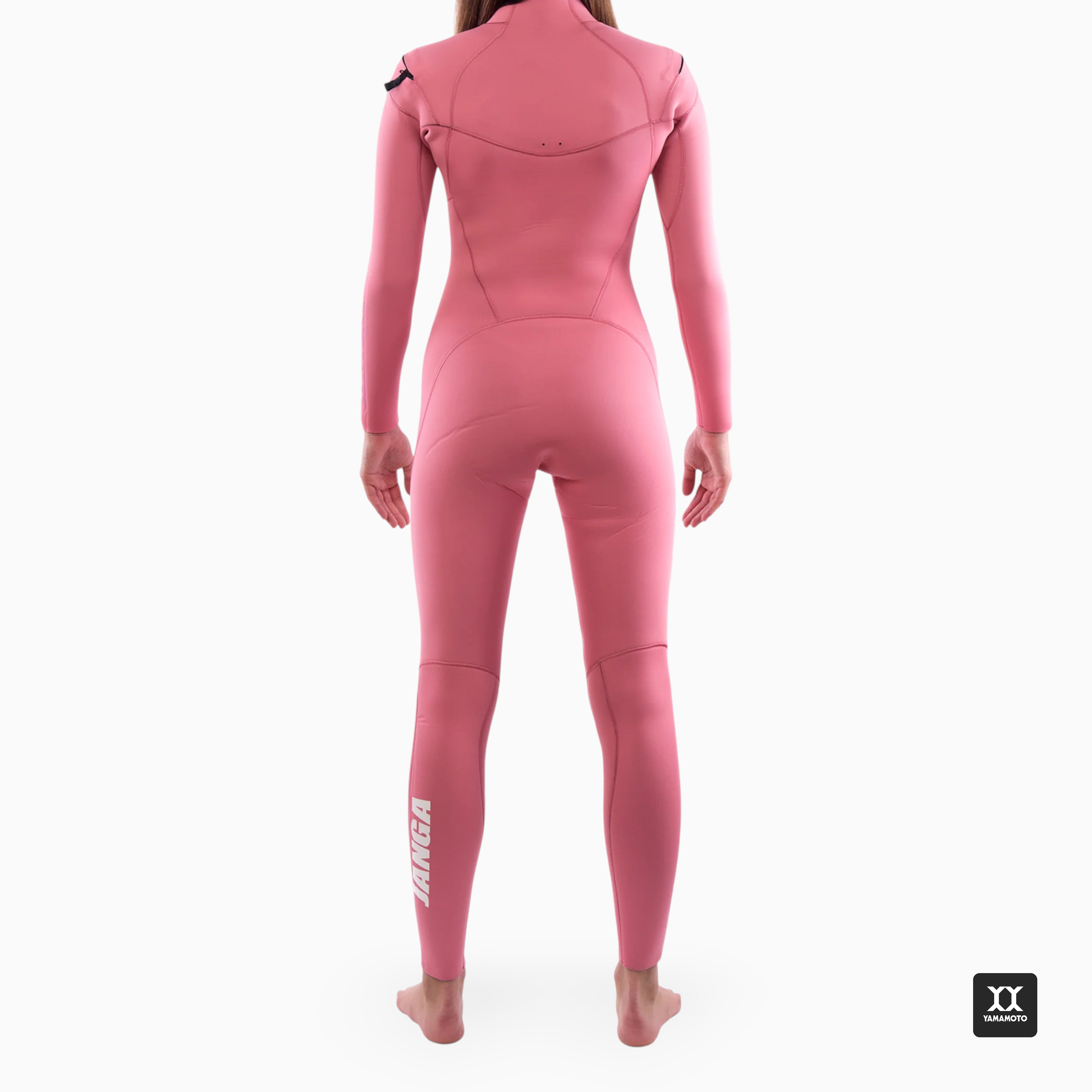 Surfer wearing JANGA PRO wetsuit suit 4/3 mm pink - yamamoto neoprene - back