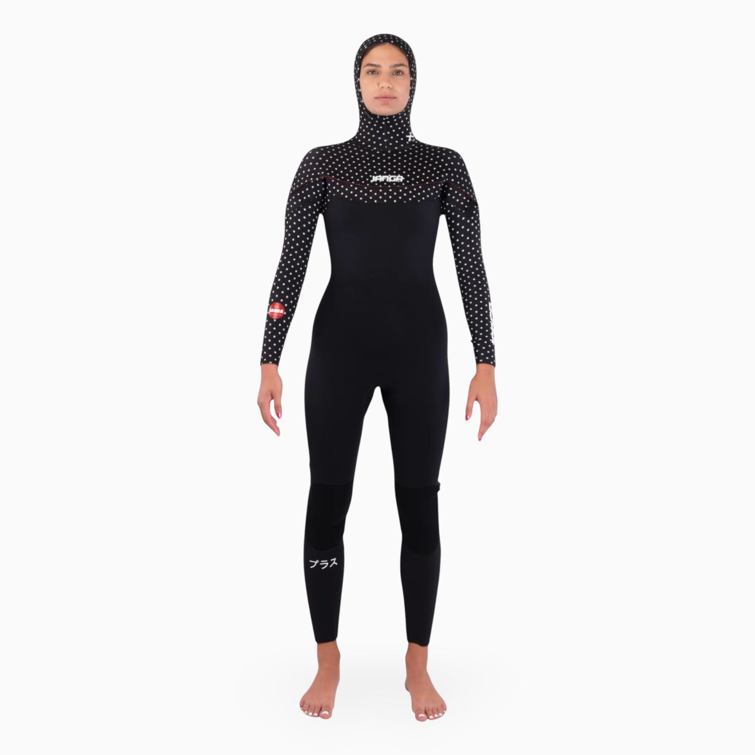 JANGA PRO hooded 5/4mm black wetsuit with white polka dots on sleeves and hood on a white background