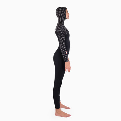 JANGA PRO hooded 5/4mm black wetsuit with white polka dots on sleeves and hood on a white background