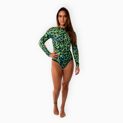 Surfer wearing Women's JANGA JANGLE Green Leopard short spring wetsuit - front view