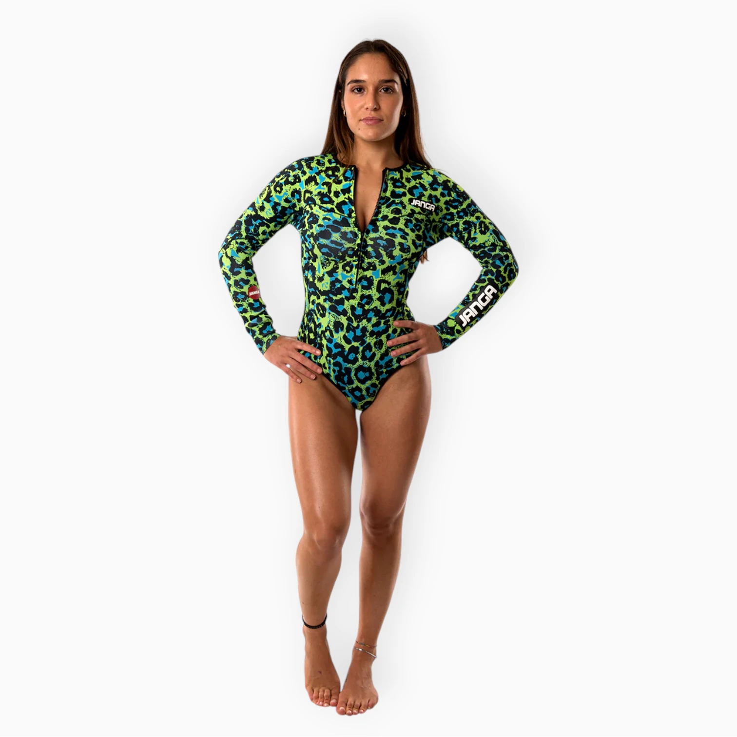 Surfer wearing Women's JANGA JANGLE Green Leopard short spring wetsuit - front view - front zip