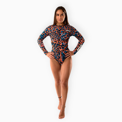 Surfer wearing Women's JANGA JANGLE Orange Leopard short spring wetsuit - front view 2