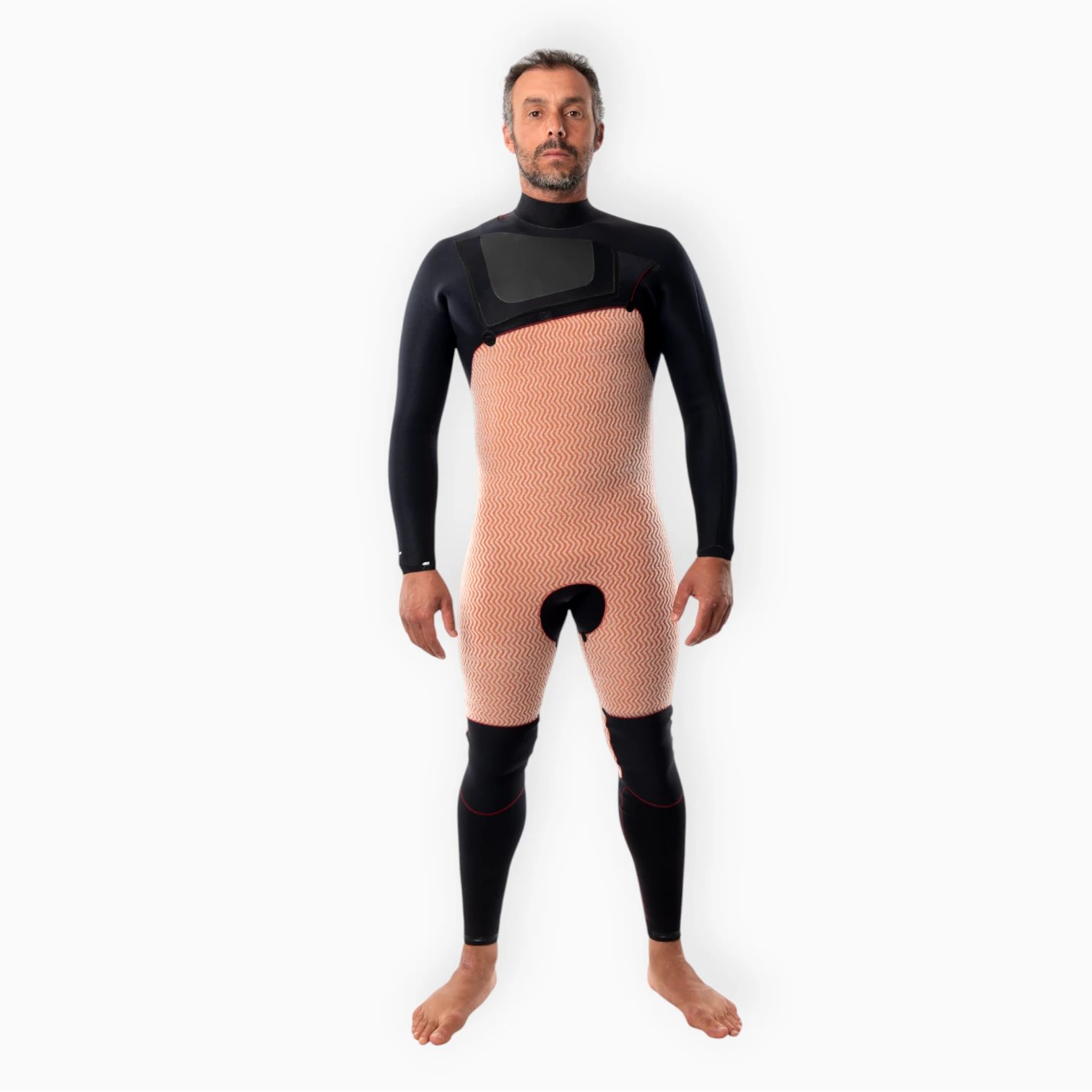 Male surfer wearing JANGA black wetsuit - Chosen Ring of Fire - thermal fleece inner lining front view
