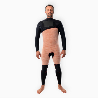 Male surfer wearing JANGA black wetsuit - Chosen Ring of Fire - thermal fleece inner lining front view