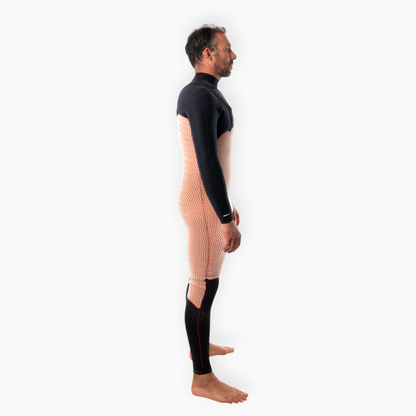 Male surfer wearing JANGA black wetsuit - Chosen Ring of Fire - thermal fleece inner lining side view