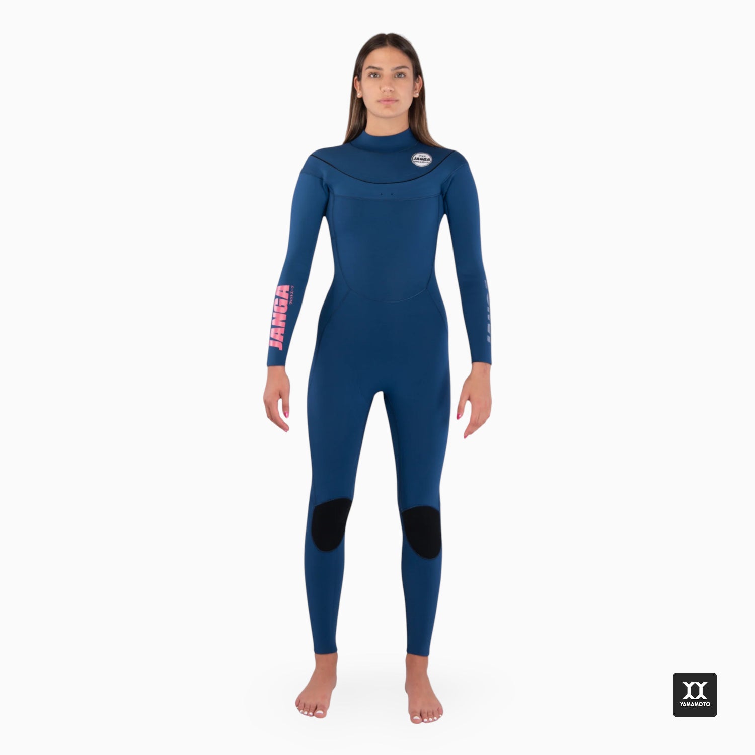 Woman wearing a blue full-body JANGA PRO Yamamoto neoprene wetsuit on a white background