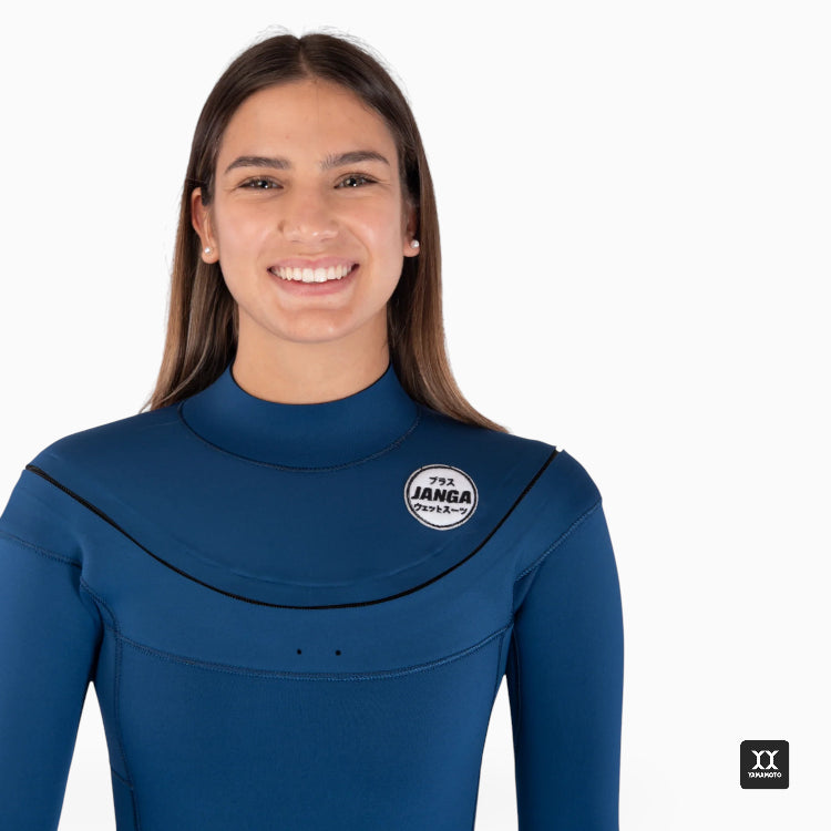 Person wearing a blue wetsuit with a visible JANGA brand logo on a white background
