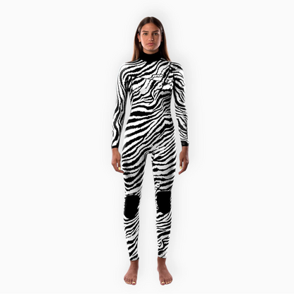 Surfer in Women's JANGA JANGLE ZEBRA wetsuit - front view