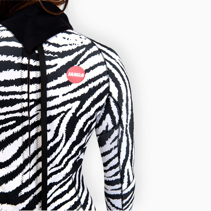 Surfer in Women's JANGA JANGLE Zebra spring wetsuit - back view - zoom on back zip