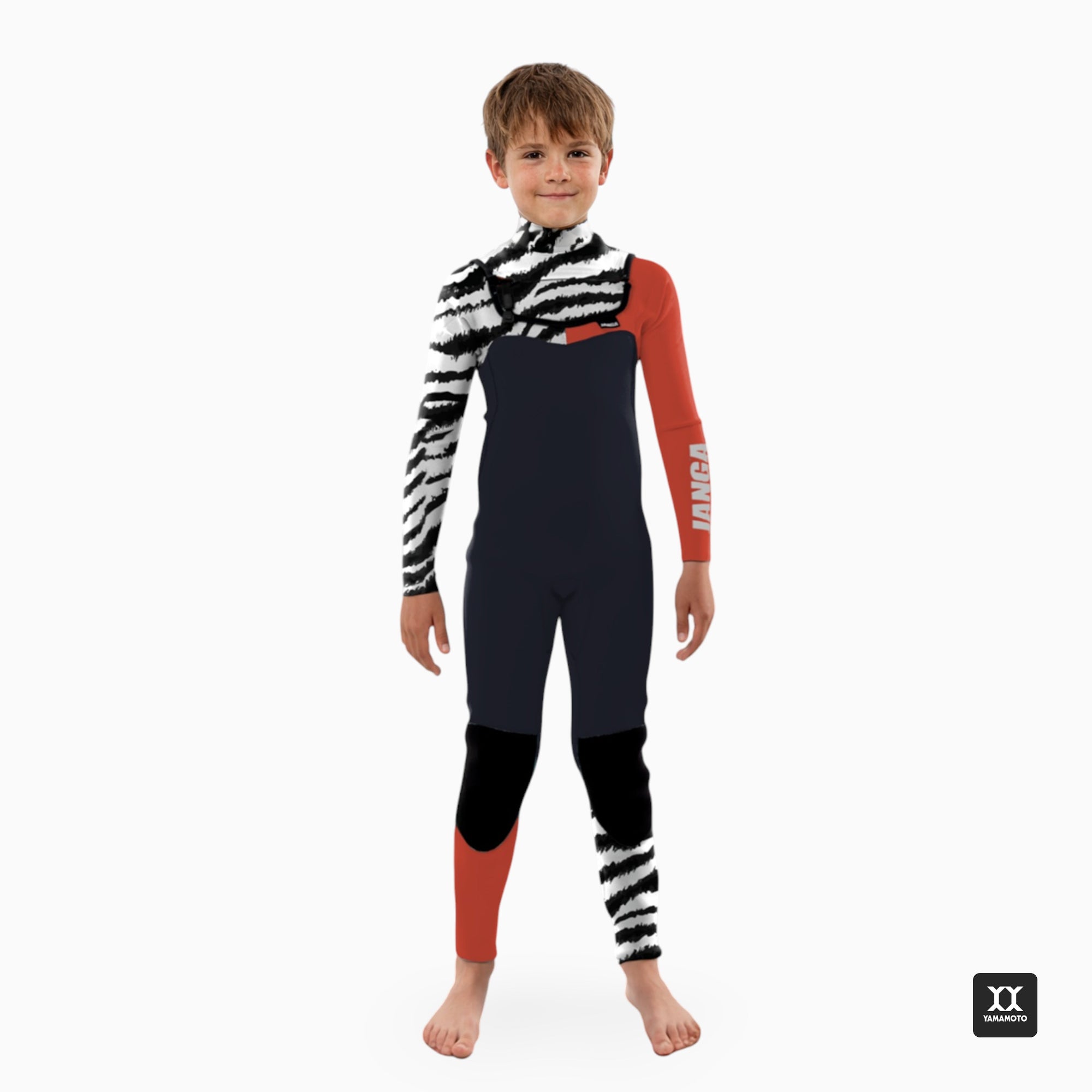 Child wearing a black and red wetsuit with zebra pattern. Designed by Uriah McDonald