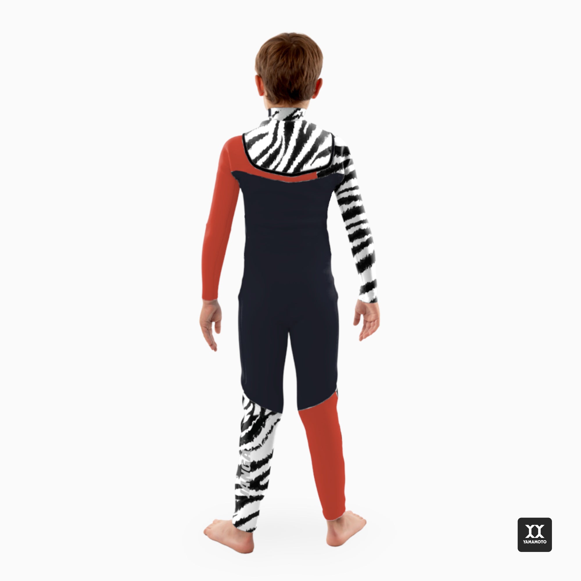 Child wearing a black and red wetsuit with zebra pattern. Designed by Uriah McDonald