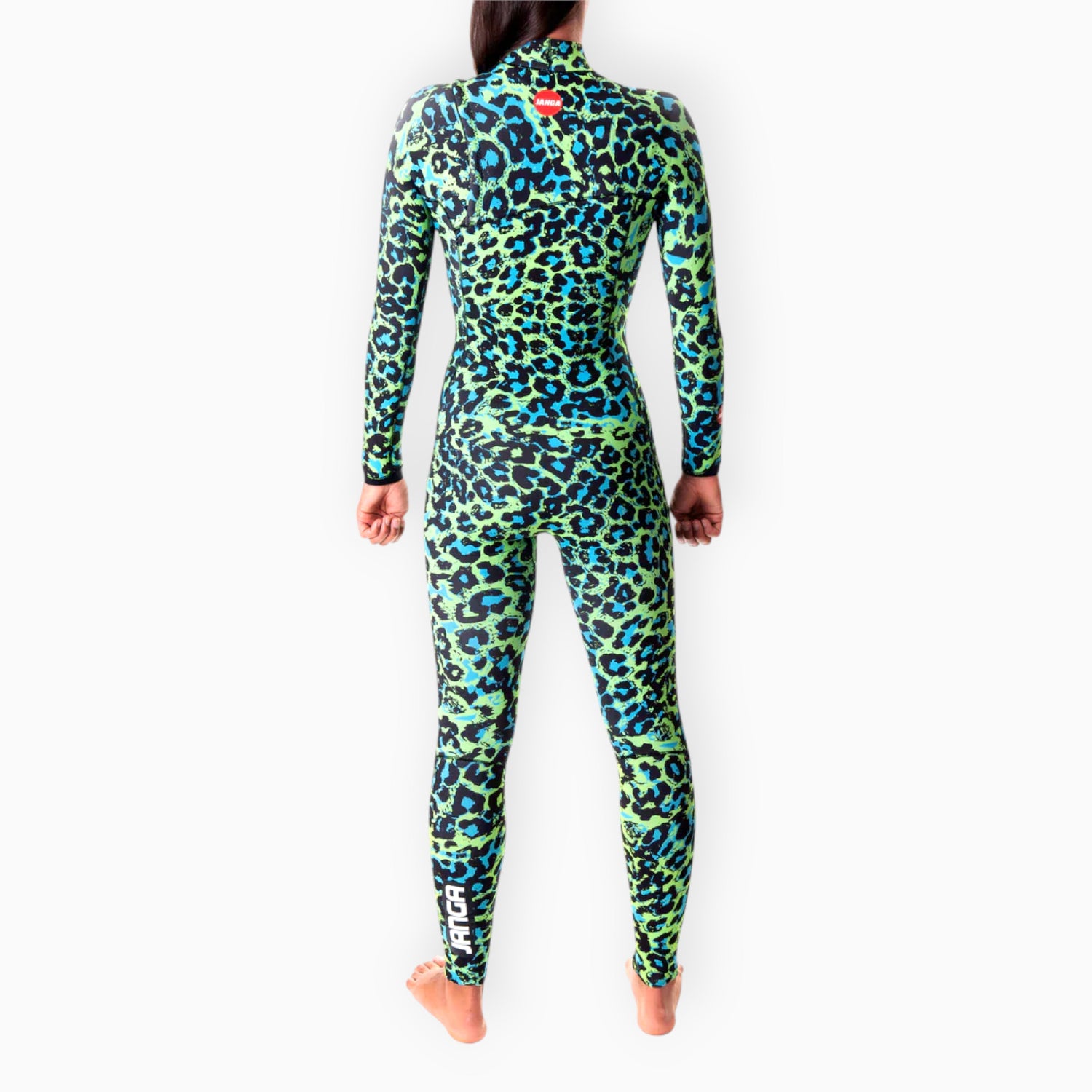 Surfer in Women's JANGA JANGLE Leopard winter green wetsuit - back view