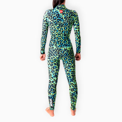 Surfer in Women's JANGA JANGLE Leopard winter green wetsuit - back view