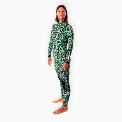 Surfer in Women's JANGA JANGLE Leopard winter green wetsuit - front view