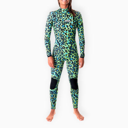 Surfer in Women's JANGA JANGLE Leopard winter green wetsuit - front view zoom
