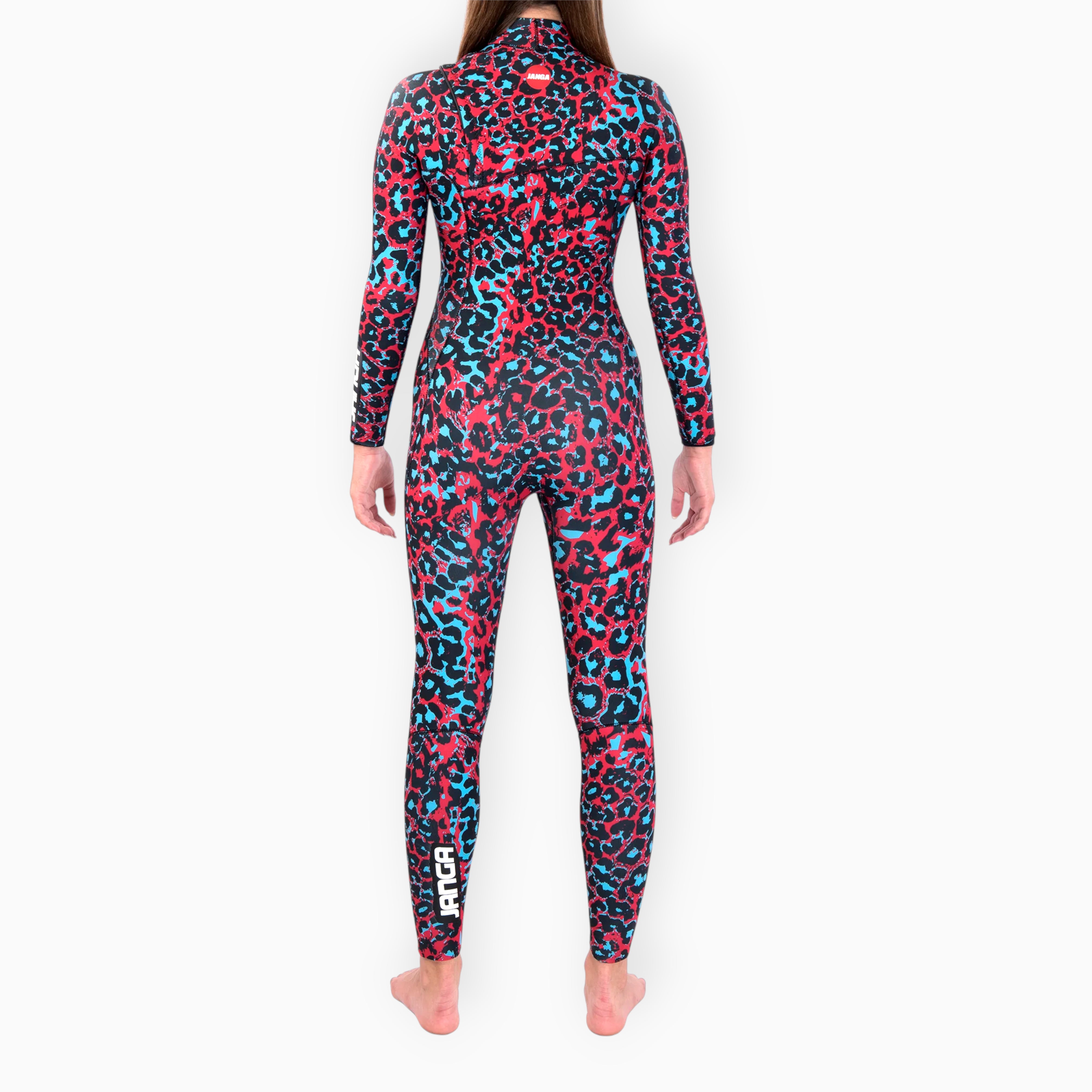 Surfer in Women's JANGA JANGLE Leopard winter red wetsuit - back view