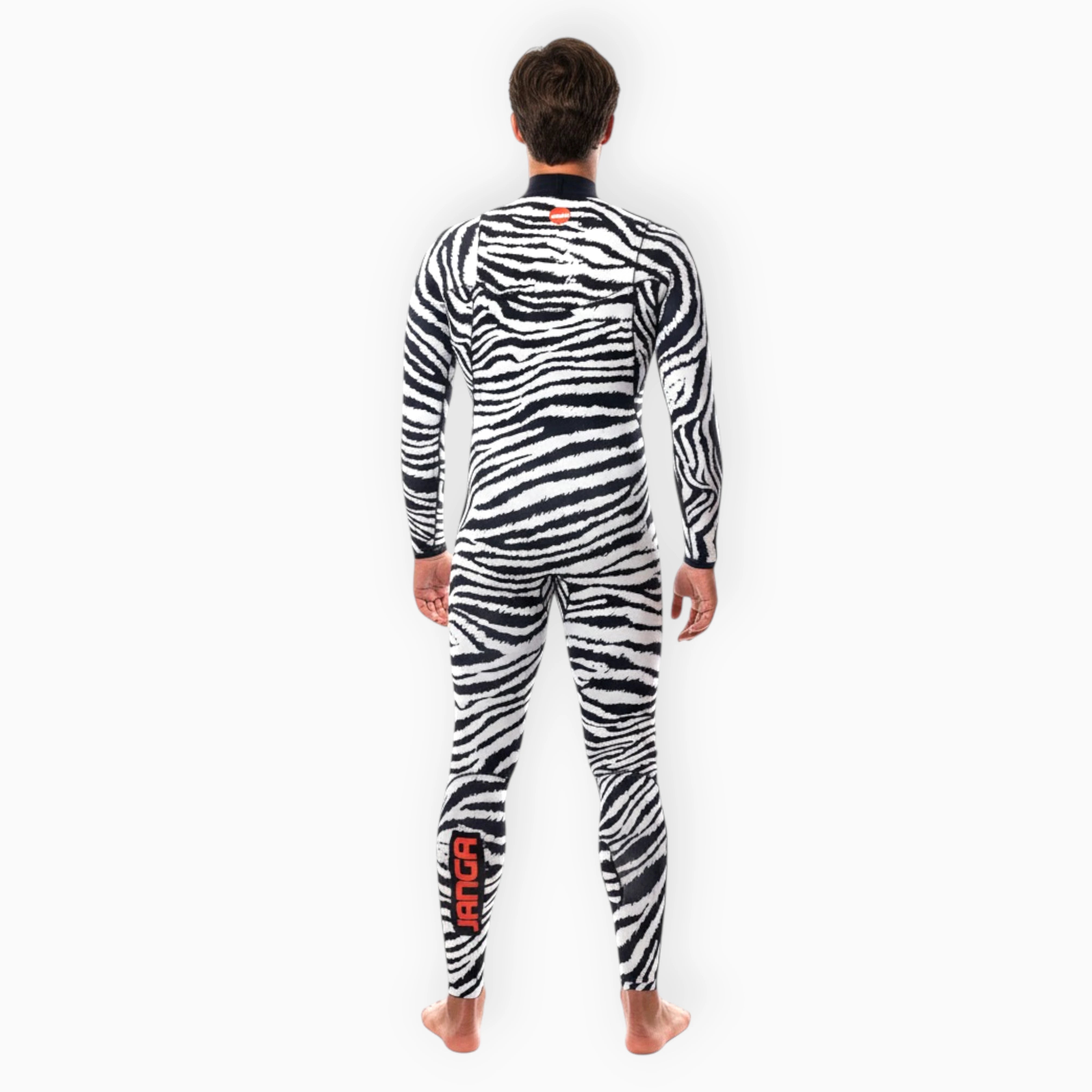 Surfer in Men's JANGA JANGLE ZEBRA wetsuit - back view