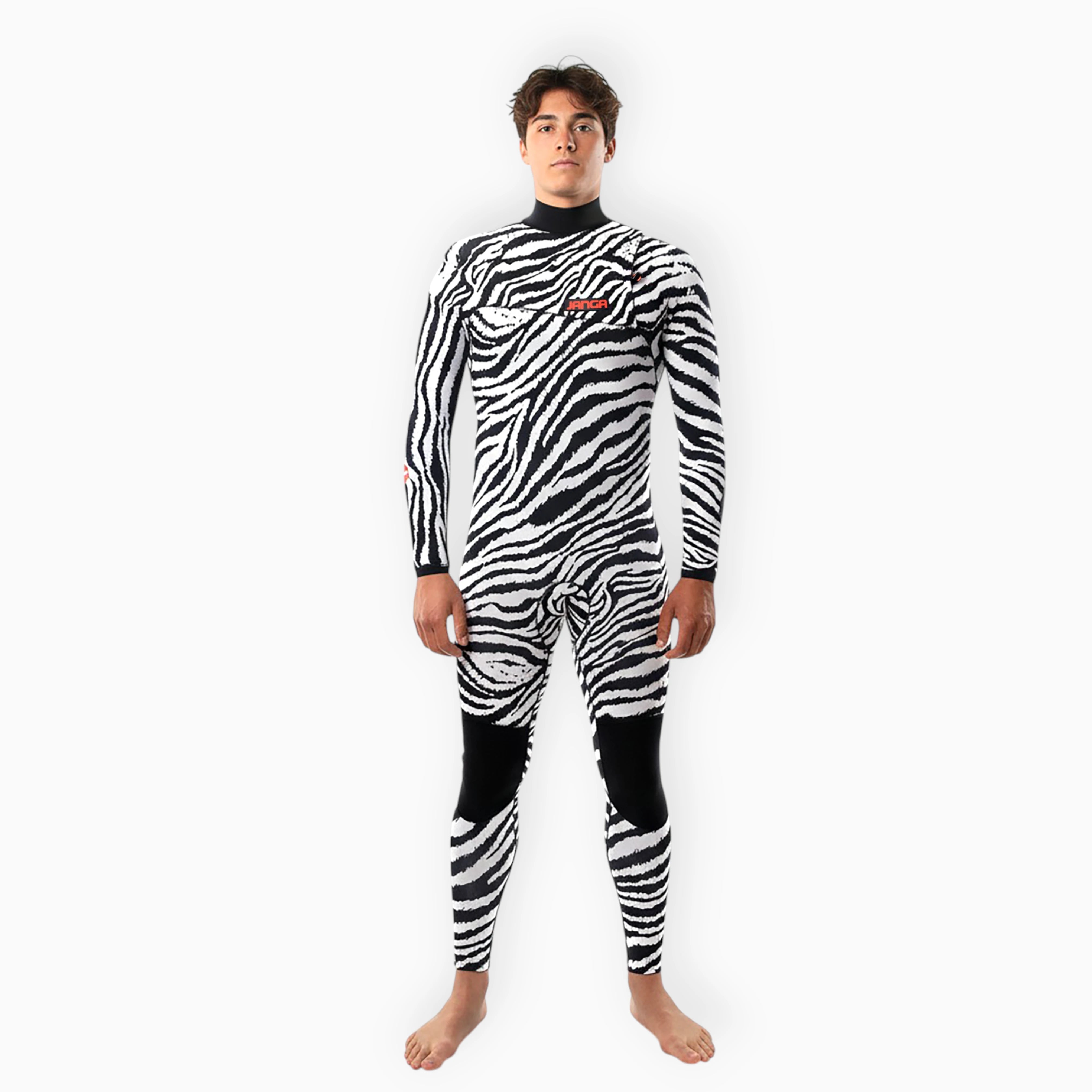 Surfer in Men's JANGA JANGLE ZEBRA wetsuit - front view