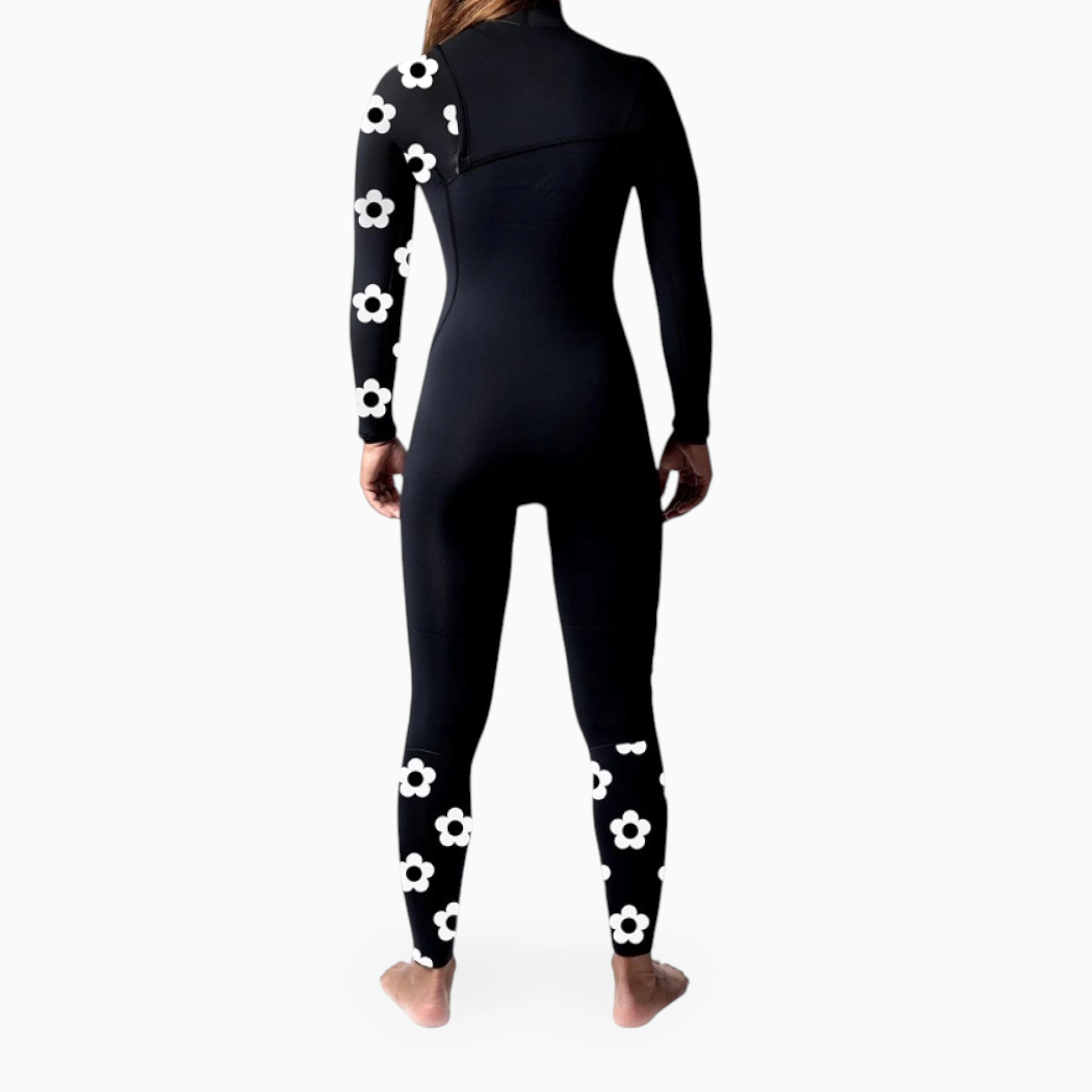 Black wetsuit with white floral patterns on a white background