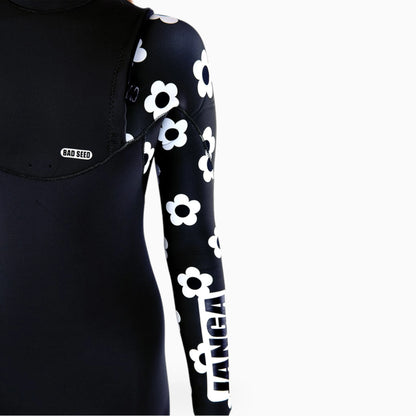 Black wetsuit with white floral patterns on sleeves against a white background